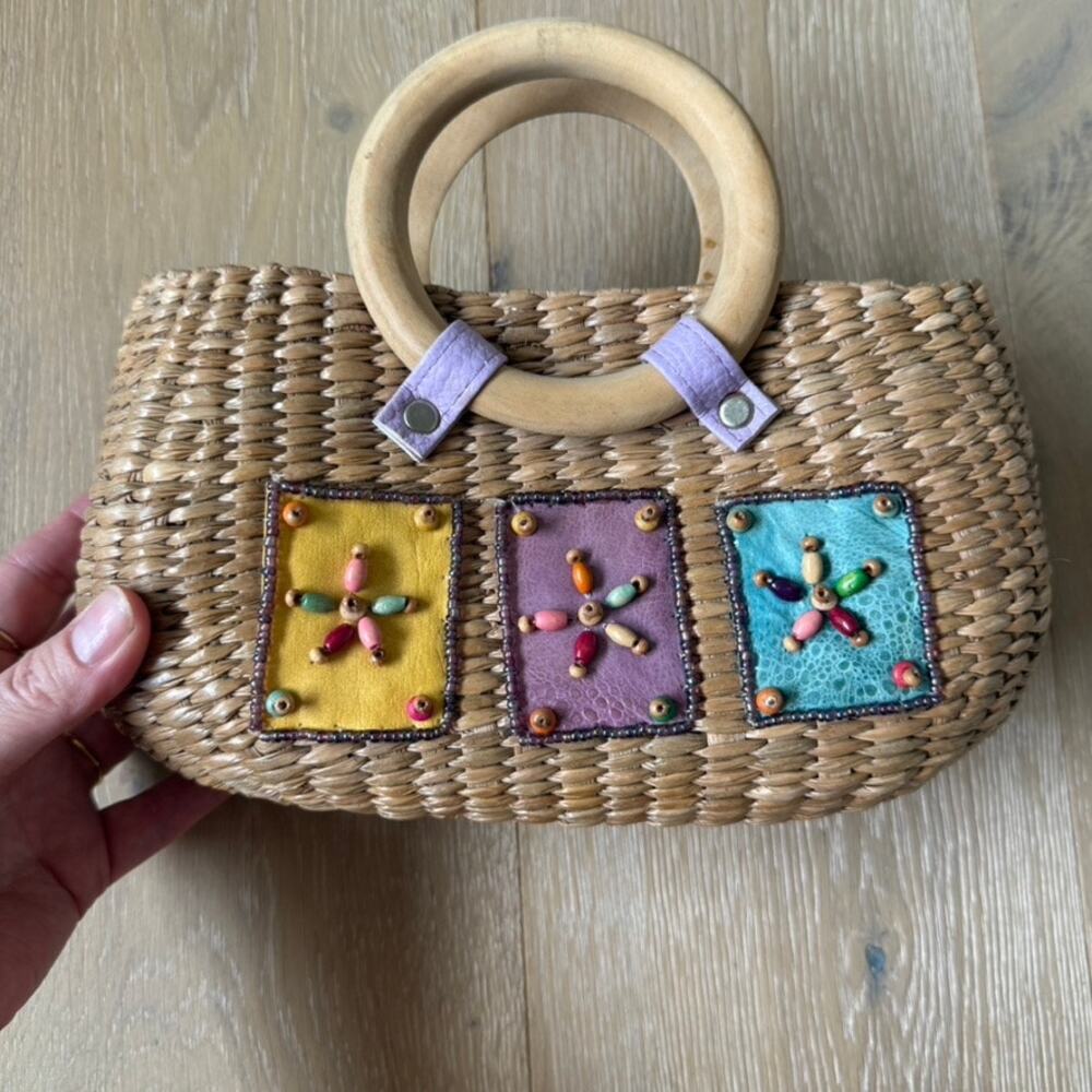 Vintage Woven Straw Box Bag Wood Ring Handles Beaded Boho Patchwork Purse